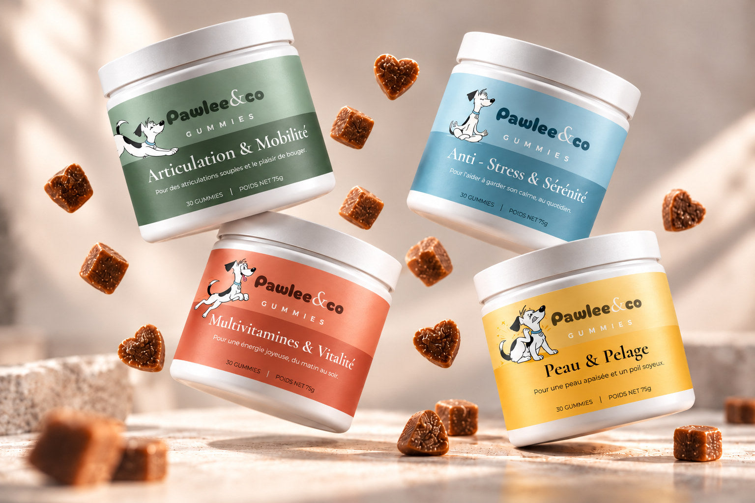 Les quatre pots Pawlee & Co Gummies : Articulations & Mobilité, Anti-Stress & Sérénité, Multivitamines & Vitalité, Peau & Pelage