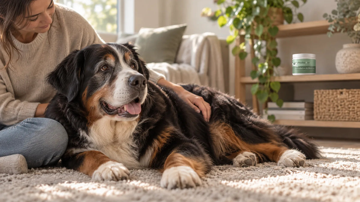 Vieux bouvier bernois couché sur un tapis, caressé par sa propriétaire