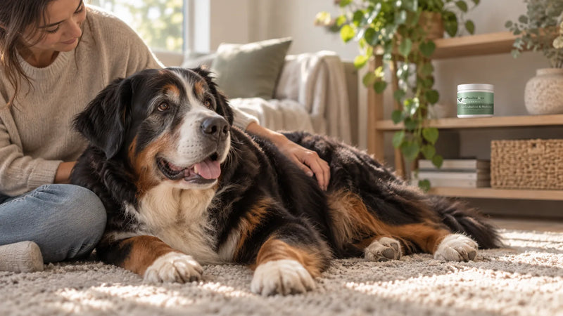 Vieux bouvier bernois couché sur un tapis, caressé par sa propriétaire