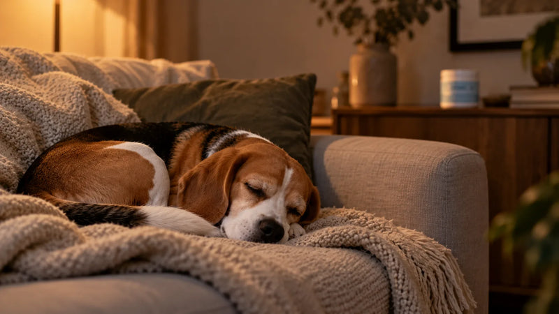 Beagle calme endormi sur un plaid dans un canapé, le soir