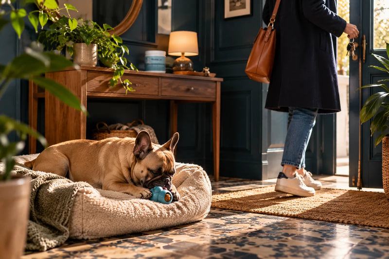 Un bouledogue français mâchouille tranquillement un jouet fourré sur son couchage dans l'entrée pendant que sa maîtresse part calmement, clés en main