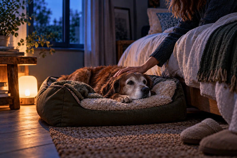 Un vieux chien au museau blanc repose sur son couchage au pied du lit, à la lumière d'une veilleuse, pendant que sa maîtresse lui caresse la tête