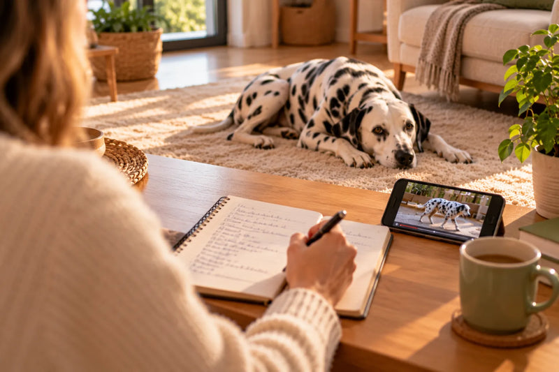 Une personne note ses observations dans un carnet en regardant sur son téléphone la vidéo de son dalmatien qui marche, le chien couché sur le tapis en arrière-plan