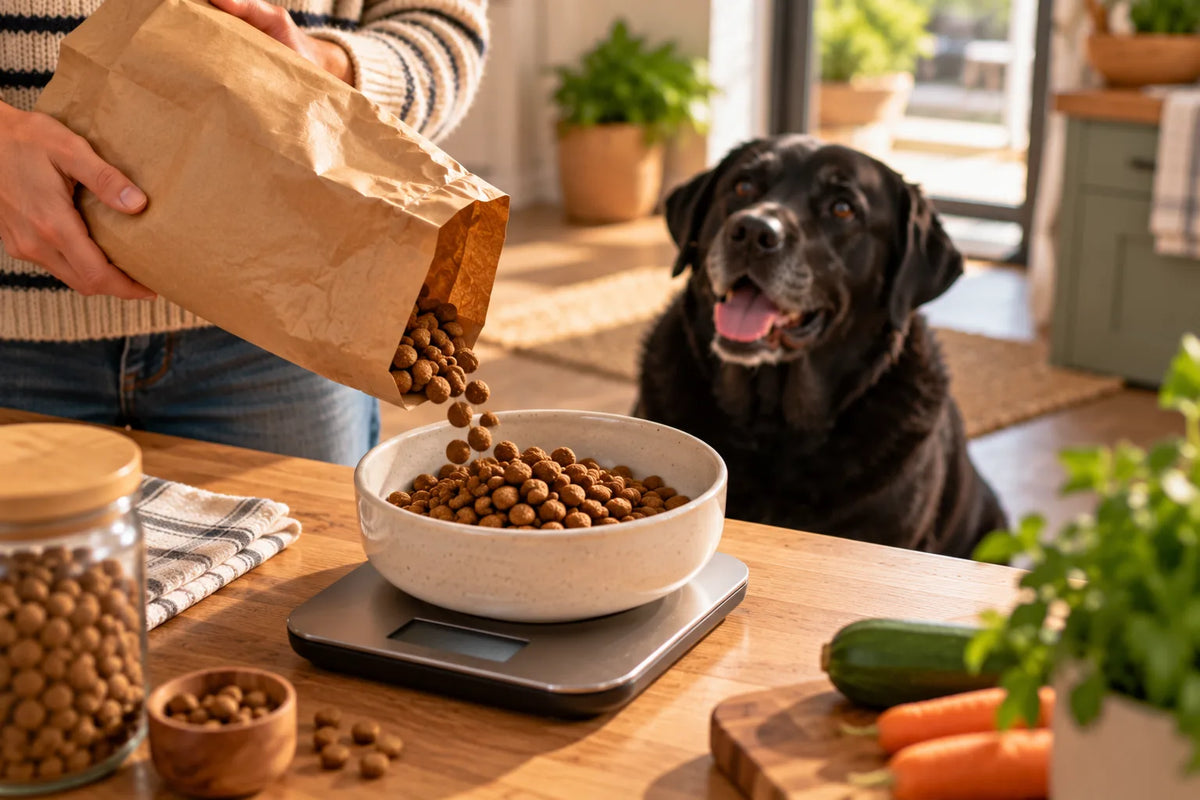 Des croquettes versées dans un bol posé sur une balance de cuisine pour peser la ration, sous le regard d'un labrador noir