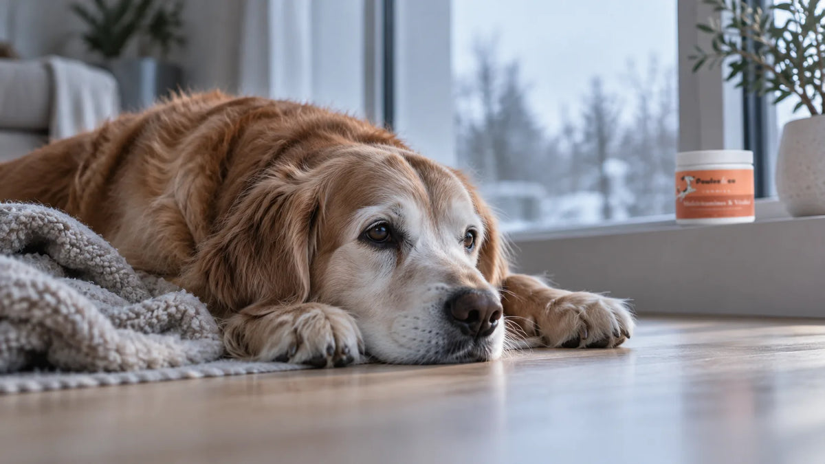 Vieux golden retriever fatigué allongé sur le parquet près d'une fenêtre en hiver