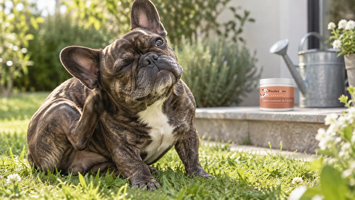 Bouledogue français qui se gratte l'oreille dans l'herbe d'un jardin
