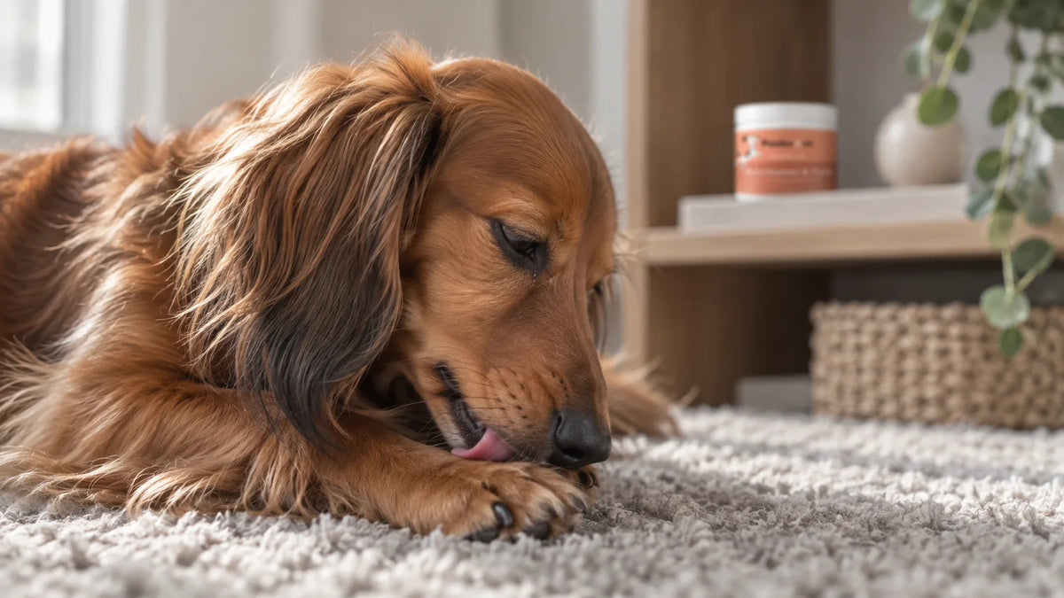 Teckel à poil long qui se lèche la patte, couché sur un tapis