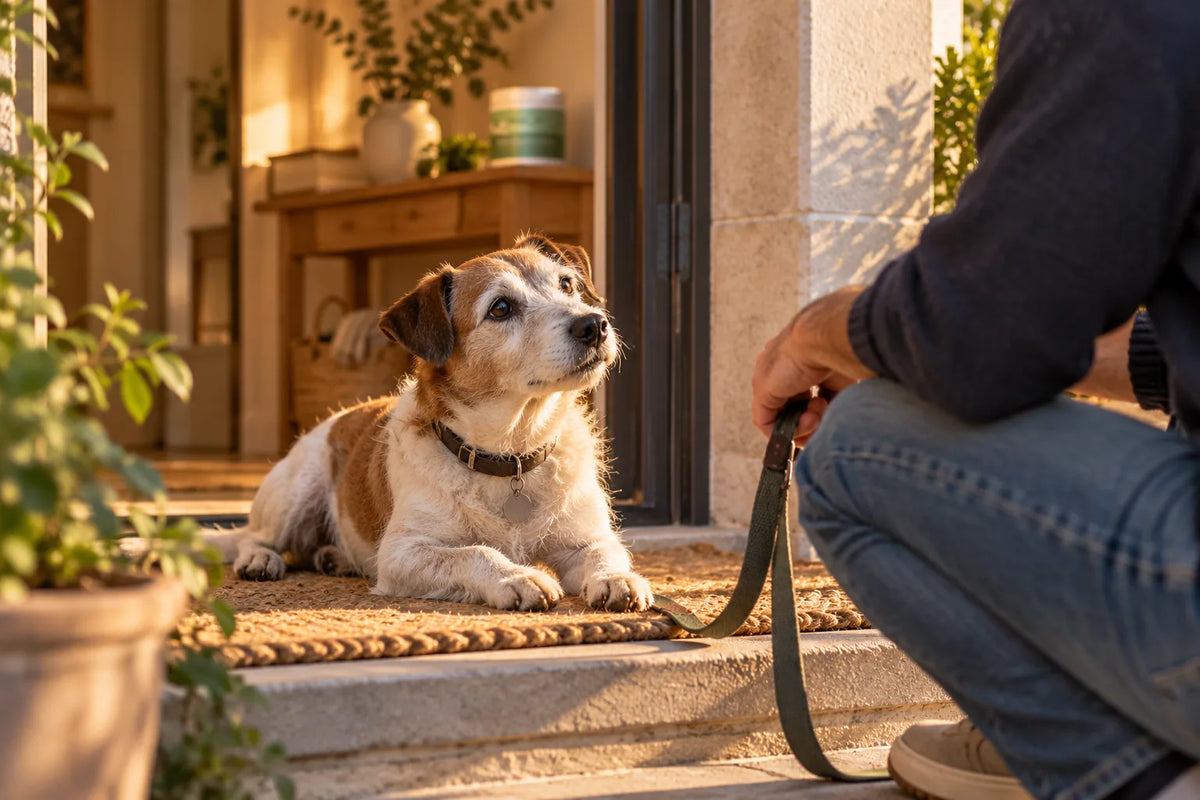 Un jack russell âgé au museau blanchi, couché sur le seuil de la maison, regarde son maître qui l'attend avec la laisse avant la balade