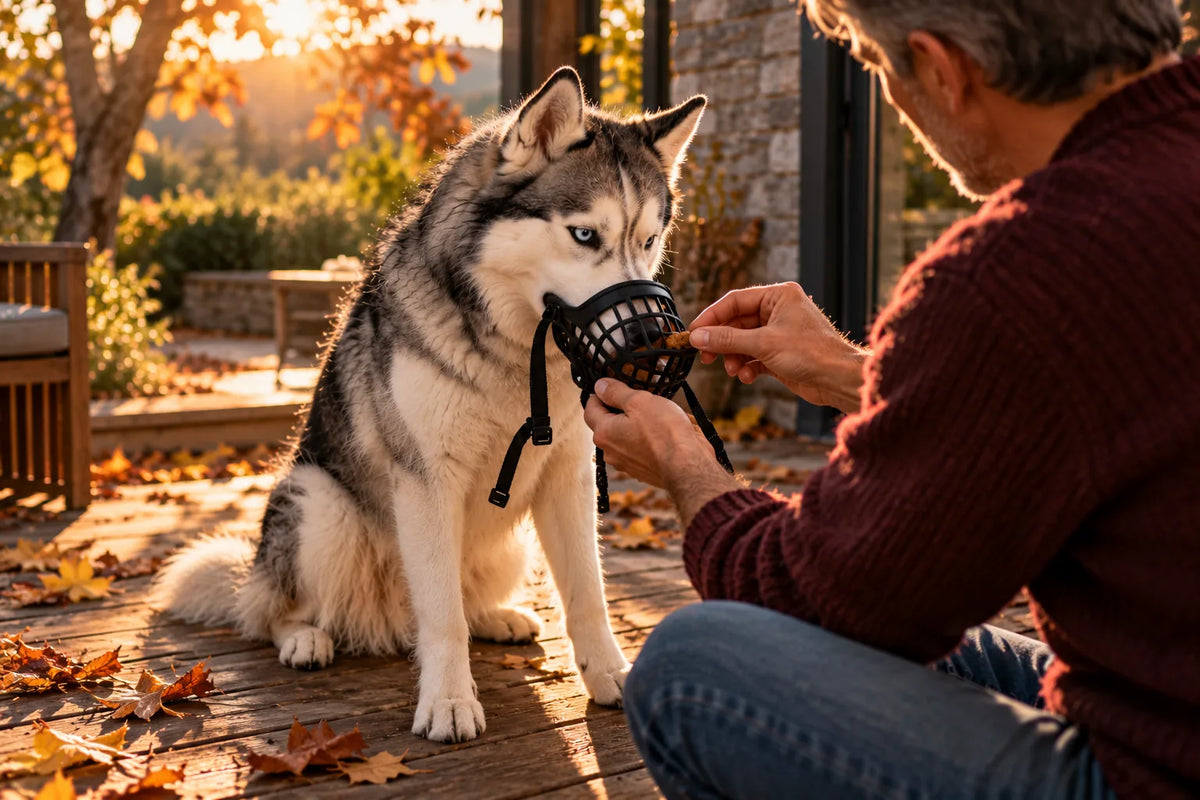 Un husky aux yeux bleus s'habitue à la muselière en y glissant le museau pour attraper une friandise tendue par son maître, sur une terrasse en automne