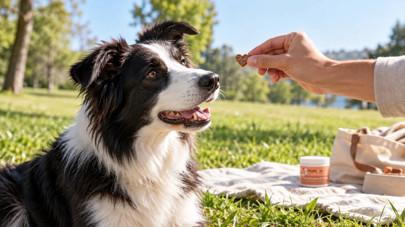 Border collie dans un parc à qui l'on donne une friandise pour chien