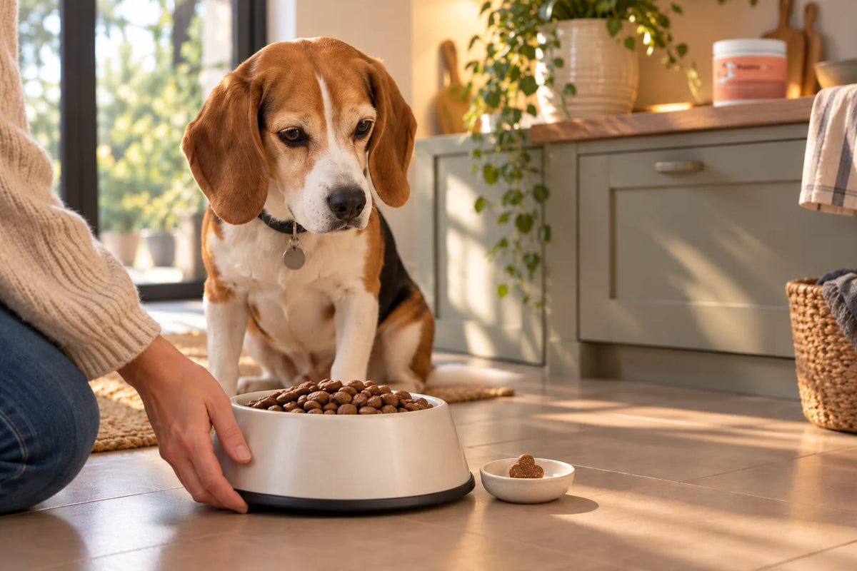 Un beagle attend calmement pendant qu'on pose sa gamelle de croquettes dans la cuisine, avec une seule petite bouchée dans une coupelle à côté
