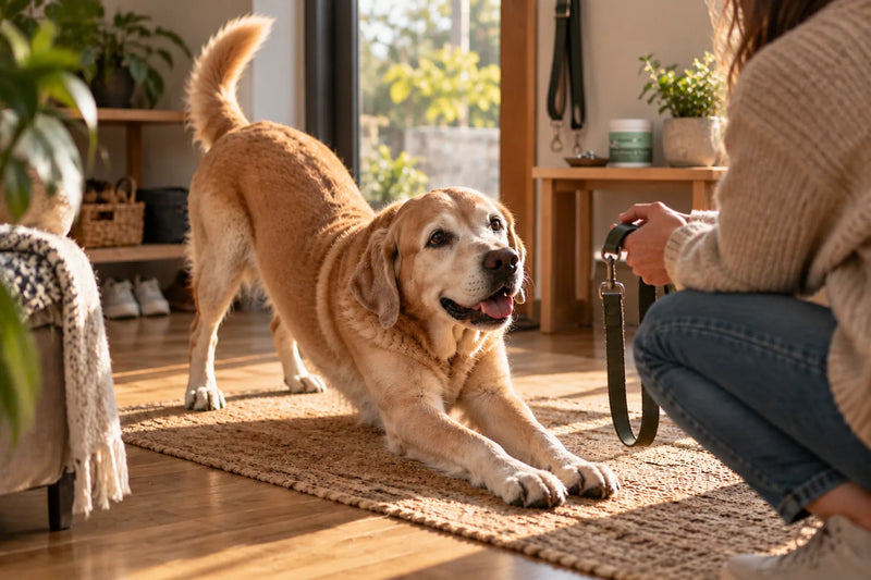 Un labrador senior au museau gris s'étire joyeusement sur un tapis pendant que sa maîtresse lui tend la laisse pour la balade du matin