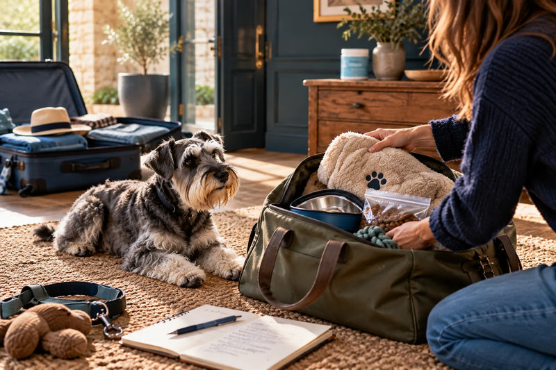 Un schnauzer poivre et sel regarde sa maîtresse préparer son sac pour la garde, avec couchage, gamelle et croquettes, une valise ouverte en arrière-plan