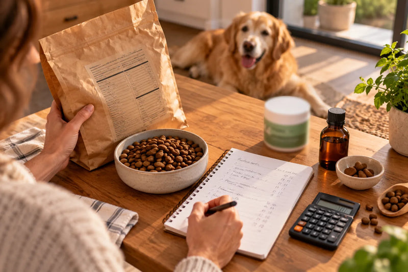 Une personne fait le compte de ce que reçoit son chien : sac de croquettes, complément, huile et carnet de calcul sur la table, un golden retriever en arrière-plan