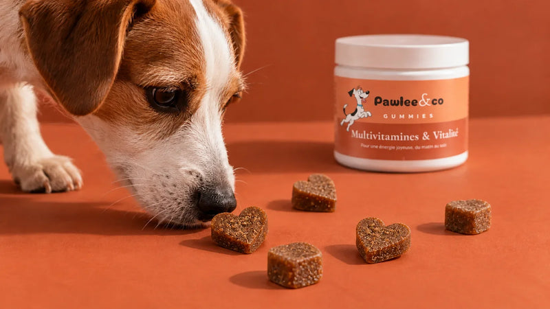 Jack russell qui renifle des gummies pour chien en forme de cœur