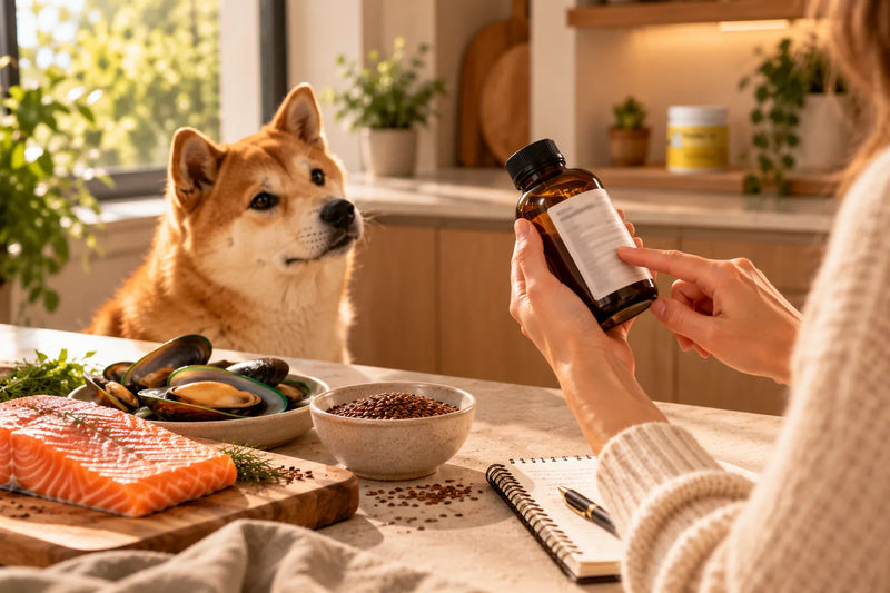 Une personne lit l'étiquette d'un flacon d'huile à côté d'un filet de saumon, de moules vertes et de graines de lin, sous le regard d'un shiba inu