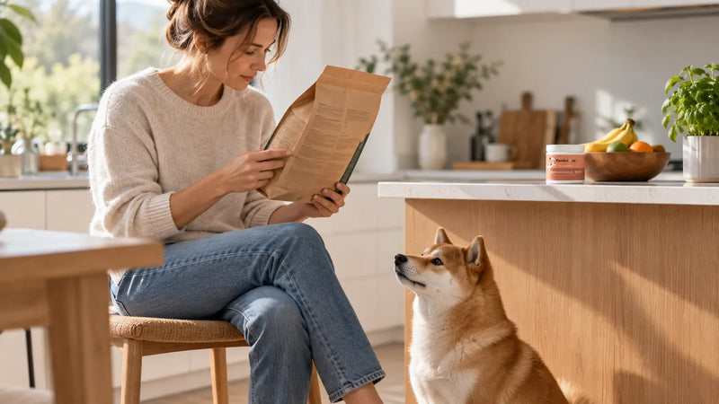 Femme qui lit l'étiquette d'un sac de croquettes pour chien, avec son shiba inu
