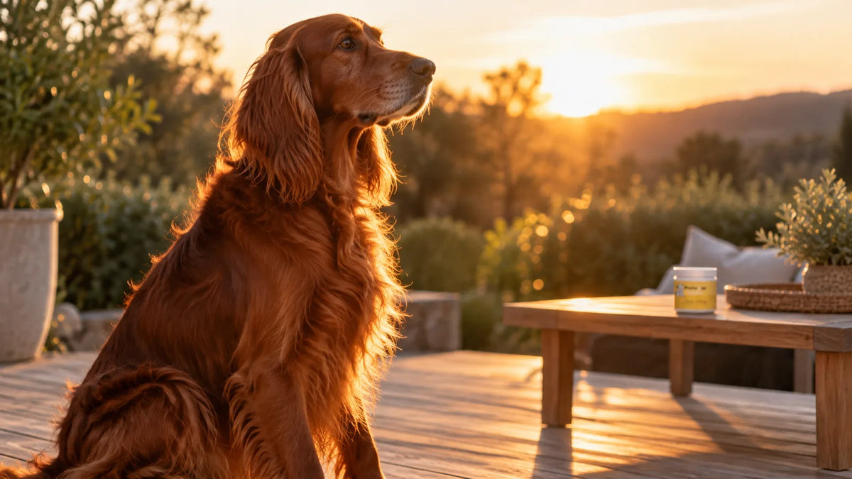 Setter irlandais au pelage roux brillant au coucher du soleil