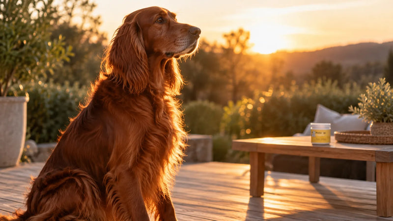 Setter irlandais au pelage roux brillant au coucher du soleil