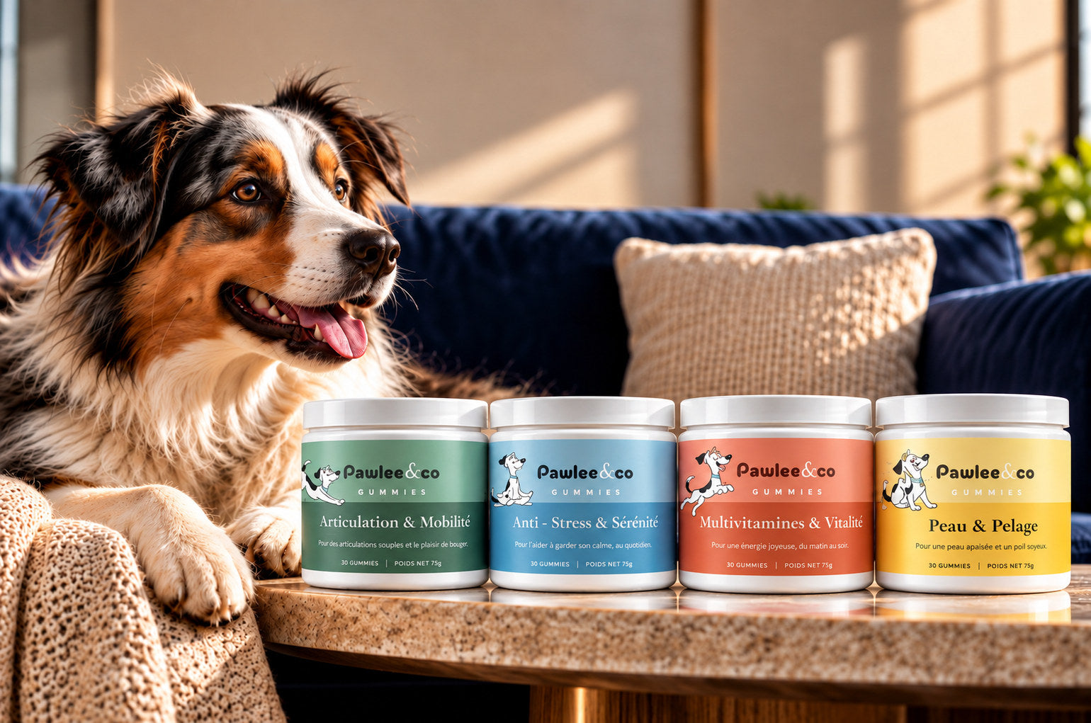 Un chien installé sur un canapé, à côté des quatre pots Pawlee & Co