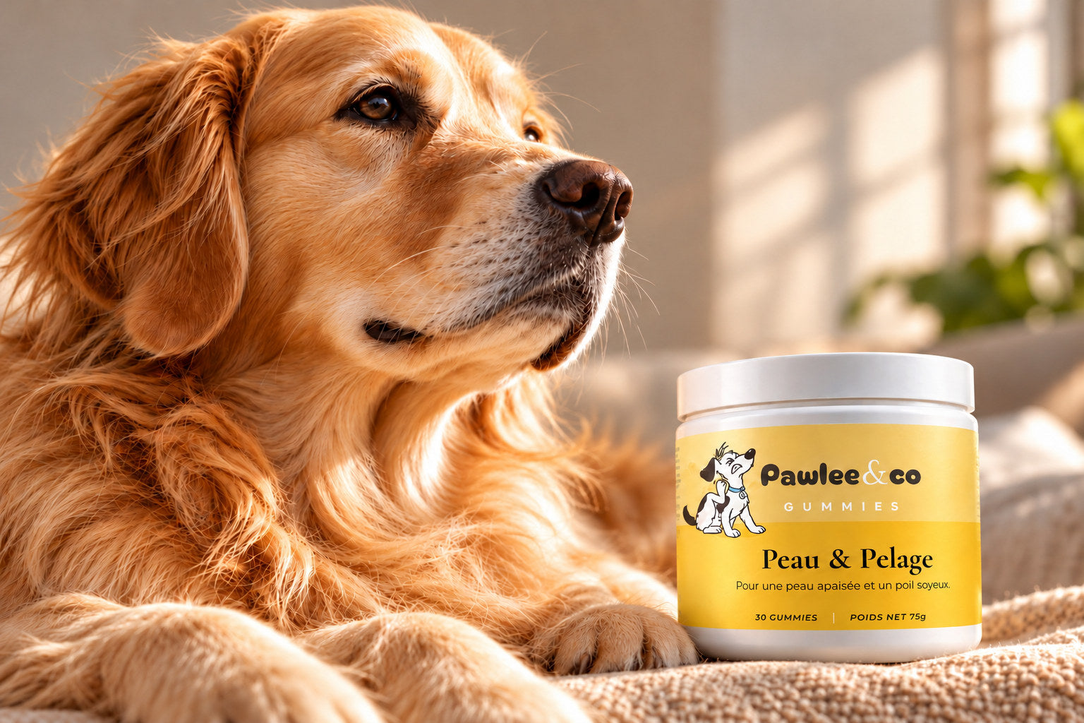 Un chien au pelage doré, près du pot Peau & Pelage