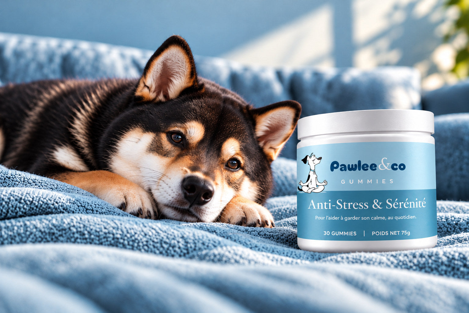 Un chien allongé sur un plaid bleu, près du pot Anti-Stress & Sérénité